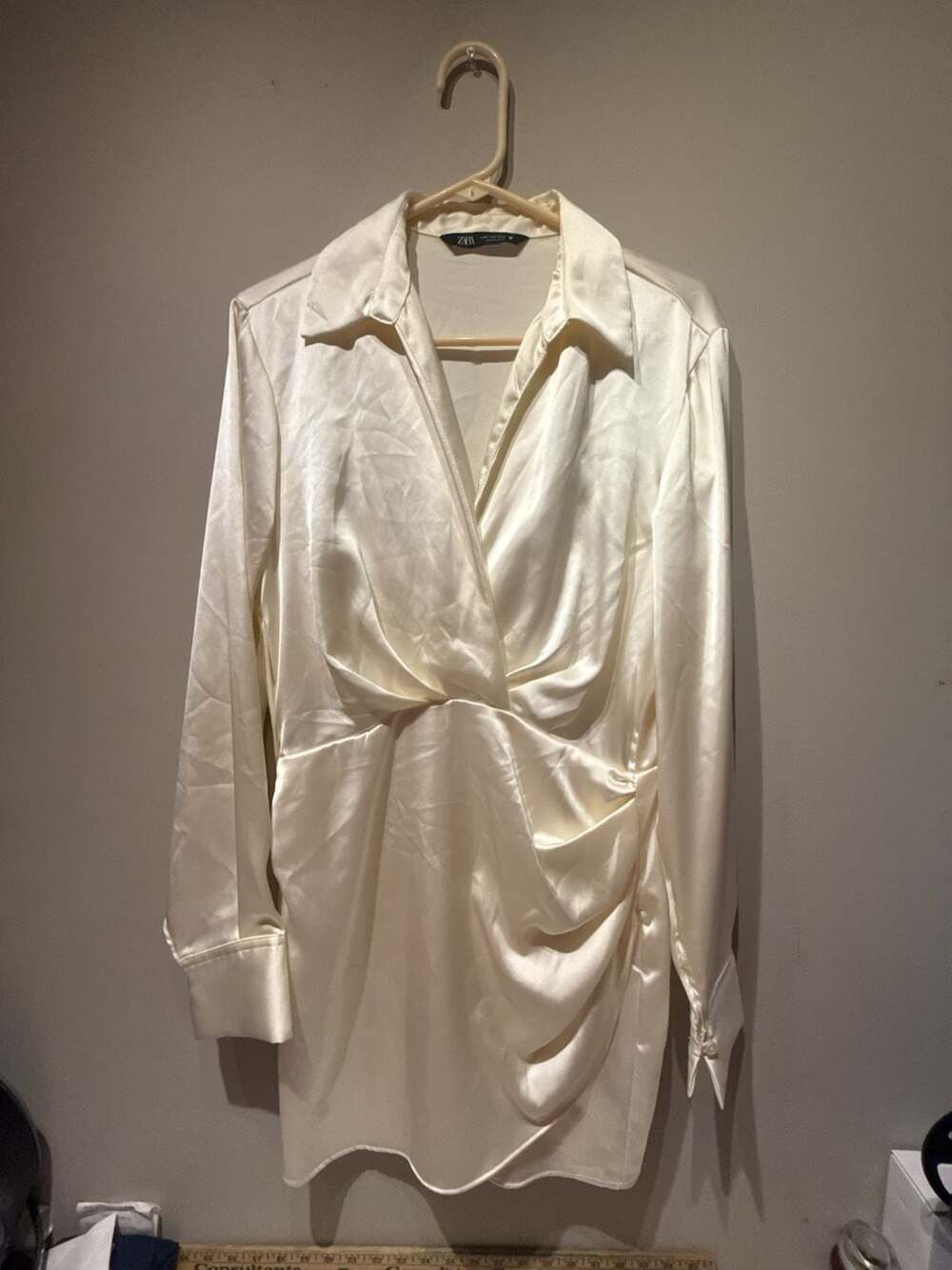 Zara Satin Long Sleeve Ruched Mini Dress Size M